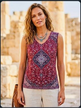 SHEIN Rust Medallion Print V-Neck Sleeveless Tank